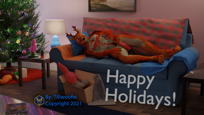 3d absurd_res anthro antlers bedding big_dildo blanket blender_(software) bow_(disambiguation) bow_tie cervid christmas christmas_tree condom digital_media_(artwork) dildo female furniture gift hi_res holding_dildo holding_object holding_sex_toy holidays horn lube_bottle mammal plant reclining salty_doggo sex_toy sexual_barrier_device sitka sofa solo tillwoofie towel tree