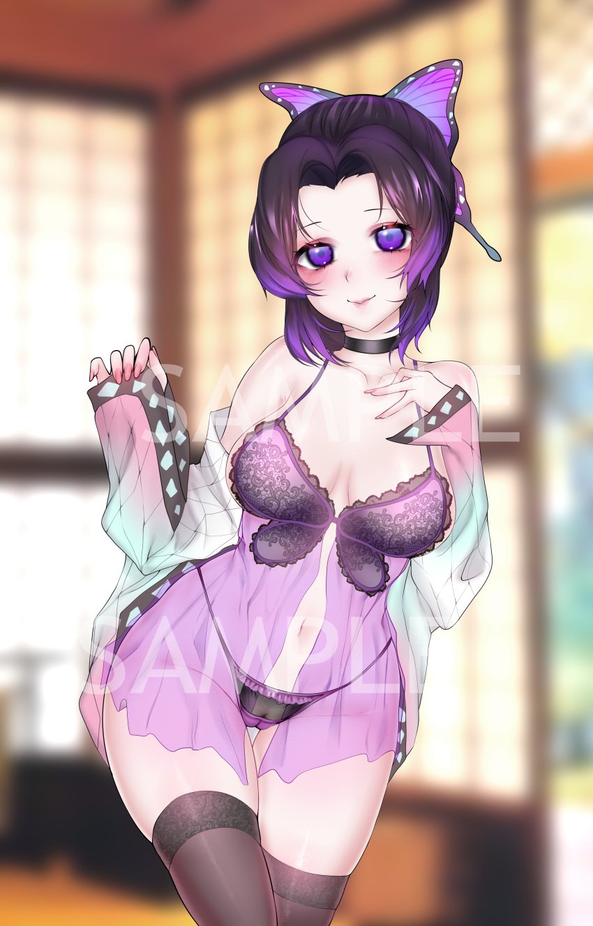 absurd_res alternate_costume alternate_version_available blush butterfly_hair_ornament cameltoe choker dark_hair demon_slayer female female_only haori hi_res kimetsu_no_yaiba kochou_shinobu lace lace-trimmed_thighhighs lace_trim lingerie looking_at_viewer medium_breasts nail_polish necrotenshi negligee off_shoulder panties pubic_hair purple_eyes purple_hair see-through_clothing see-through_panties smile solo thighhighs very_high_resolution watermark wide_hips zettai_ryouiki