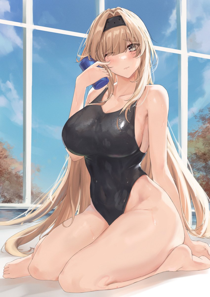 1girls absurd_res aoiichimaki_(cmk333) arm_at_side bangs bare_legs bare_shoulders bent_knees bianca_(punishing:_gray_raven) black_swimsuit blonde_hair blue_sky blunt_bangs blush breasts busty clavicle cleavage closed_mouth clothing cloud curvaceous curvy_female day eyebrows_visible_through_hair eyes_visible_through_hair female hair_between_eyes hairband hi_res indoors large_breasts legs legs_together light-skinned light-skinned_female long_hair looking_at_viewer mole mole_under_eye navel one-piece_swimsuit one_eye_closed punishing:_gray_raven robot_girl shiny shiny_skin sidelocks sitting sky swimsuit thick_thighs thighs very_long_hair voluptuous wet wet_body wet_clothes wet_swimsuit wide_hips window