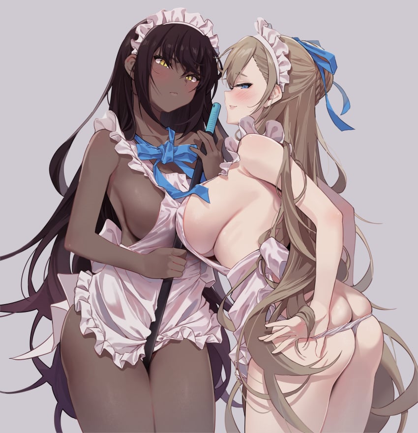 2girls absurd_res agnamore apron ass ass_cleavage asuna_(blue_archive) bangs bare_shoulders black_hair blonde_hair blue_archive blue_eyes blush breast-to-breast breast_press breasts busty butt_crack chocolate_and_vanilla clavicle cleaning_&_clearing_(blue_archive) cleavage closed_mouth clothes_pull clothing curvaceous curvy_female dark-skinned_female dark_skin female frills hair_between_eyes headdress headwear hi_res huge_breasts in_profile karin_(blue_archive) large_breasts light-skinned light-skinned_female long_hair looking_at_viewer looking_back maid maid_apron maid_headdress millennium_science_school_student multiple_girls navel nude nude_female open-mouth_smile open_mouth panties panty_pull parted_lips shiny shiny_skin sideboob smile symmetrical_docking thick_thighs thighs thong underwear underwear_pull undressing voluptuous white_apron white_panties white_underwear yellow_eyes