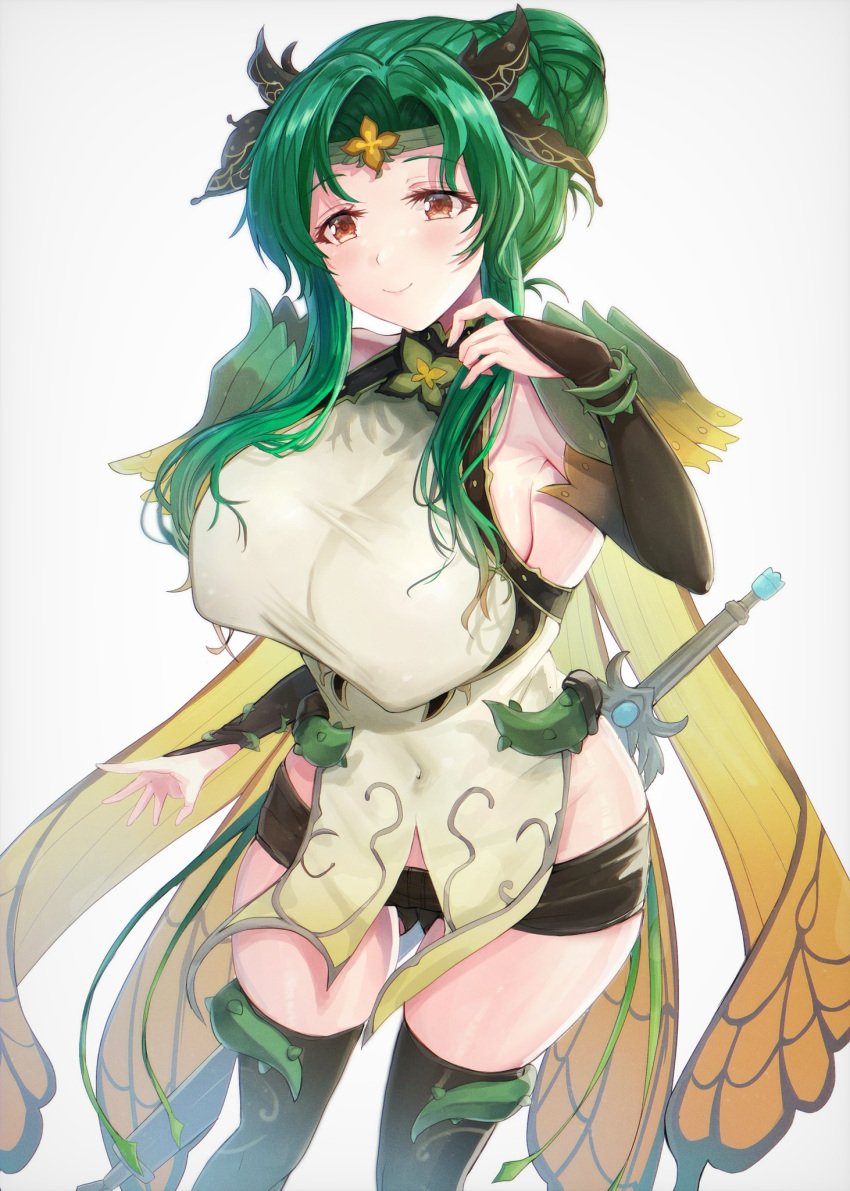 1girls alternate_costume armpits ass_visible_through_thighs bare_midriff bare_thighs boots breasts covered_nipples elincia_ridell_crimea fairy_wings female_only fire_emblem fire_emblem:_path_of_radiance fire_emblem:_radiant_dawn fire_emblem_heroes green_hair large_breasts medium_hair nintendo official_alternate_costume orange_eyes shorts solo sword thigh_boots thighs weapon wings yui_(msy1302mana)