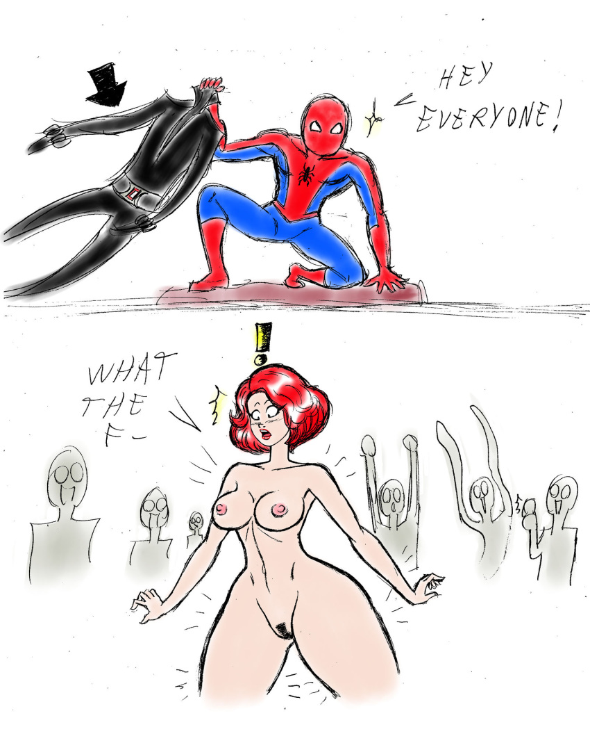 avengers black_widow_(marvel) boobs breasts clothed_male_nude_female dialogue dyed_hair embarrassed embarrassed_nude_female enf english_dialogue female frogwalker male marvel marvel_comics naked naked_female natasha_romanoff nipples nude nude_female pubic_hair public public_exposure public_humiliation public_nudity pussy red_hair short_hair spider-man spider-man_(series) stolen_clothes straight_hair stripped_naked surprised_expression thick_thighs tits toned_female unintentional_exhibitionism