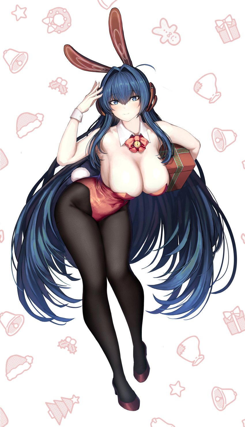 absurdres animal_ears azur_lane bangs bare_arms bare_shoulders bell black_legwear blue_eyes blue_hair blush breasts christmas cleavage closed_mouth crossed_bangs detached_collar eyebrows_visible_through_hair female full_body gift hair_intakes hand_up high_heels highres kagi_f large_breasts leotard long_hair looking_at_viewer new_jersey_(azur_lane) pantyhose playboy_bunny rabbit_ears red_footwear red_leotard smile solo thighs white_background wrist_cuffs