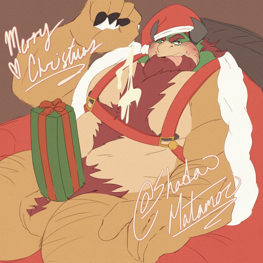 1boy 2021 absurd_res anthro balls bara beard belly big_belly big_muscles blush body_hair bottle bowser box brown_background chest_hair christmas christmas_clothing christmas_headwear christmas_present clothed clothing eyebrows facial_hair gay genitals hair hairy harness hat headgear headwear heart hi_res holding_bottle holding_object holidays horn huge_muscles koopa looking_at_viewer lotion male male_only mario_(series) musclegut muscular muscular_anthro muscular_male nintendo nipples open_clothing open_robe overweight overweight_anthro overweight_male pubes robe santa_hat scalie seductive shadowmatamori signature simple_background sitting smile solo text url video_games