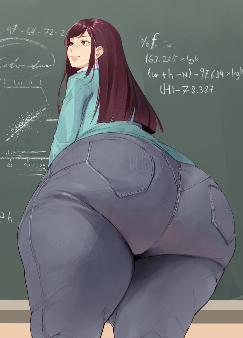 1girls absurd_res ass ass_focus bamboo_ale big_ass big_butt bottom_heavy brown_hair curvaceous curvy female glasses high_resolution huge_ass jeans large_ass long_hair massive_ass mature_female pants solo standing teacher thick_thighs tight_clothing tight_jeans tight_pants voluptuous wide_hips