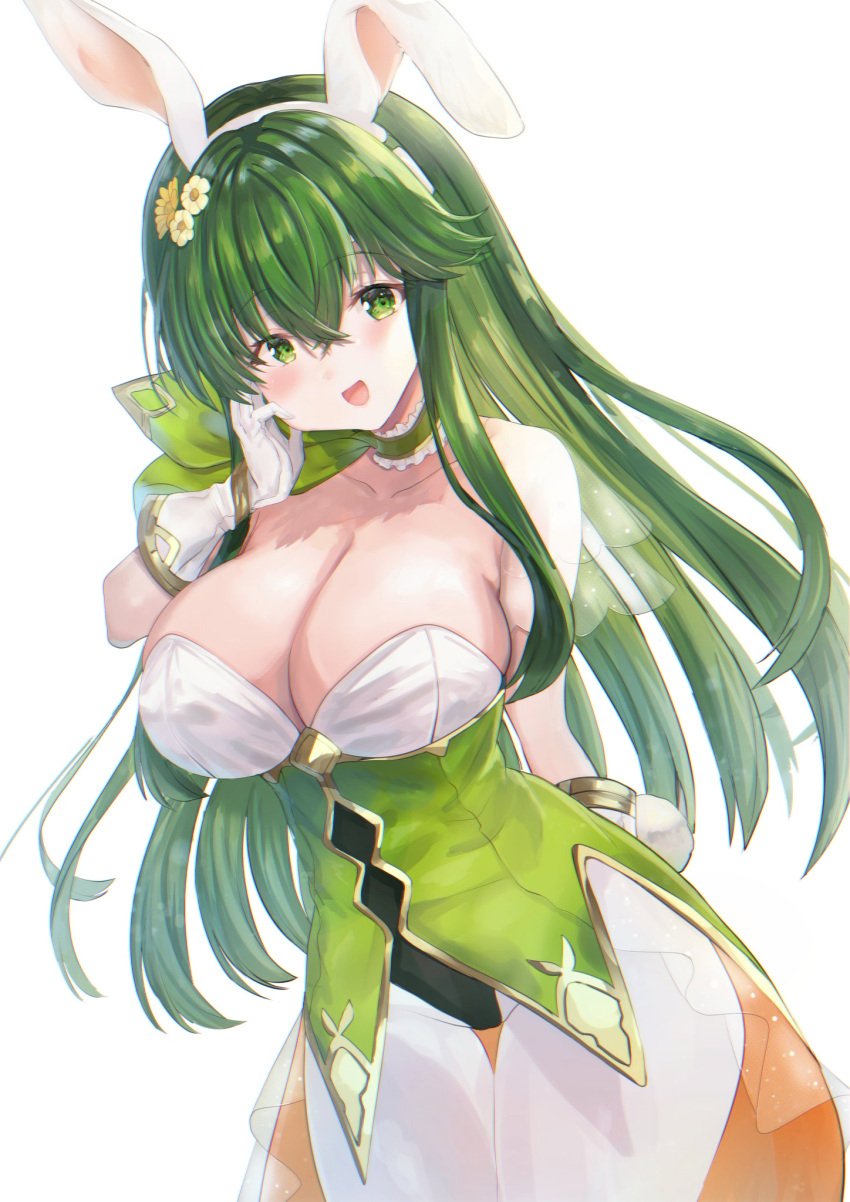 1girls :d alternate_costume bare_shoulders breasts bunny_ears bunny_girl bunnysuit choker cleavage easter female_only fire_emblem fire_emblem:_mystery_of_the_emblem fire_emblem:_shadow_dragon_and_the_blade_of_light fire_emblem_heroes gloves green_eyes green_hair large_breasts leotard long_hair looking_at_viewer nintendo official_alternate_costume open_mouth palla_(fire_emblem) palla_(spring)_(fire_emblem) pantyhose smile solo white_background yui_(msy1302mana)