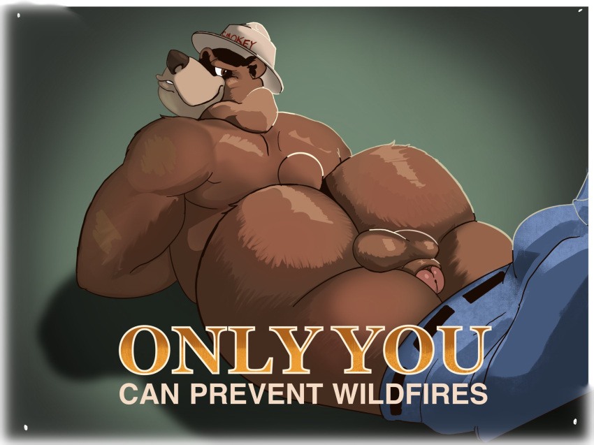 2021 anthro ass balls brown_body clothing debudraws english_text genitals hat headgear headwear hi_res male male_only mammal overweight overweight_male penis small_penis smokey_bear solo superchub text ursid