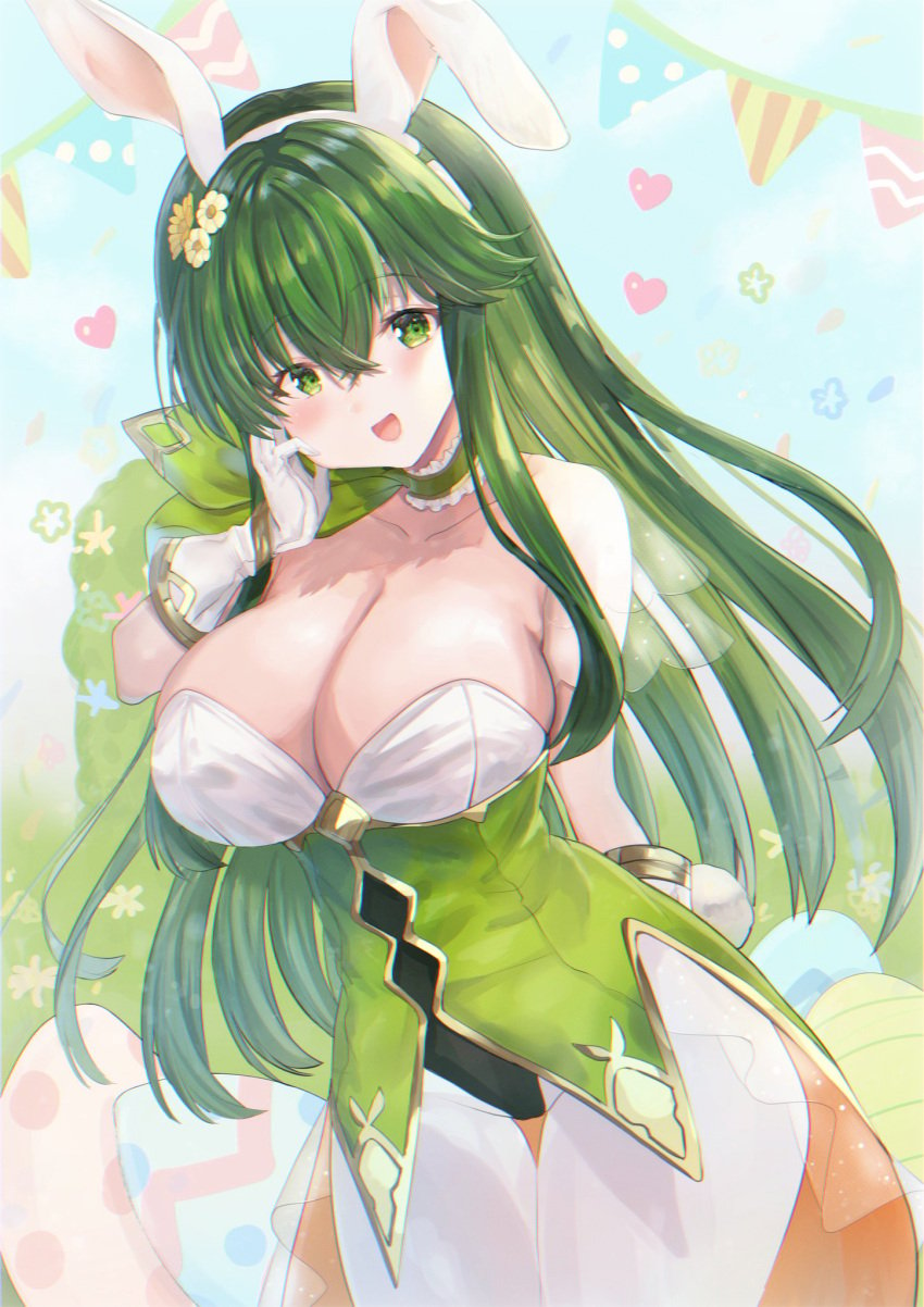 1girls :d alternate_costume bare_shoulders breasts bunny_ears bunny_girl bunnysuit choker cleavage easter female_only fire_emblem fire_emblem:_mystery_of_the_emblem fire_emblem:_shadow_dragon_and_the_blade_of_light fire_emblem_heroes gloves green_eyes green_hair large_breasts leotard long_hair looking_at_viewer nintendo official_alternate_costume open_mouth palla_(fire_emblem) palla_(spring)_(fire_emblem) pantyhose smile solo yui_(msy1302mana)