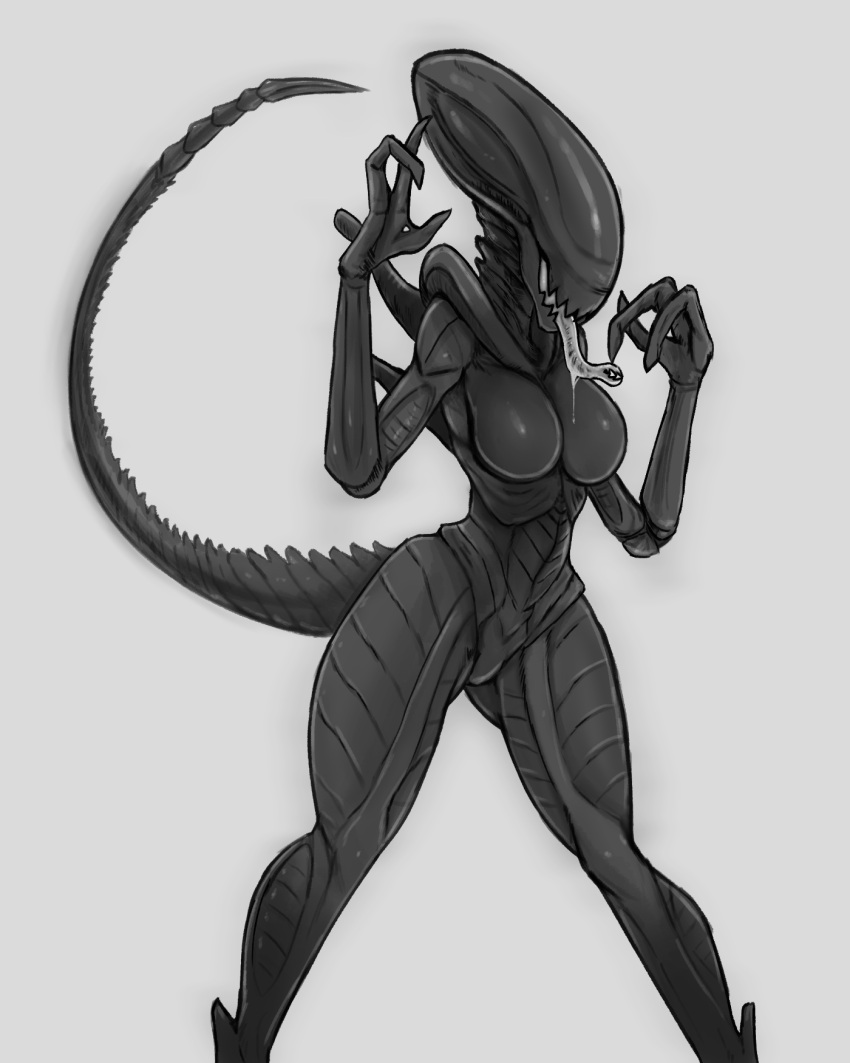 1girls alien alien_(franchise) alien_girl athletic_female breasts claws female female_only female_xenomorph hips long_tail looking_at_viewer monster_girl no_eyes simple_background smile smiling smiling_at_viewer tail thighs tongue tongue_out unrealcereal xenomorph