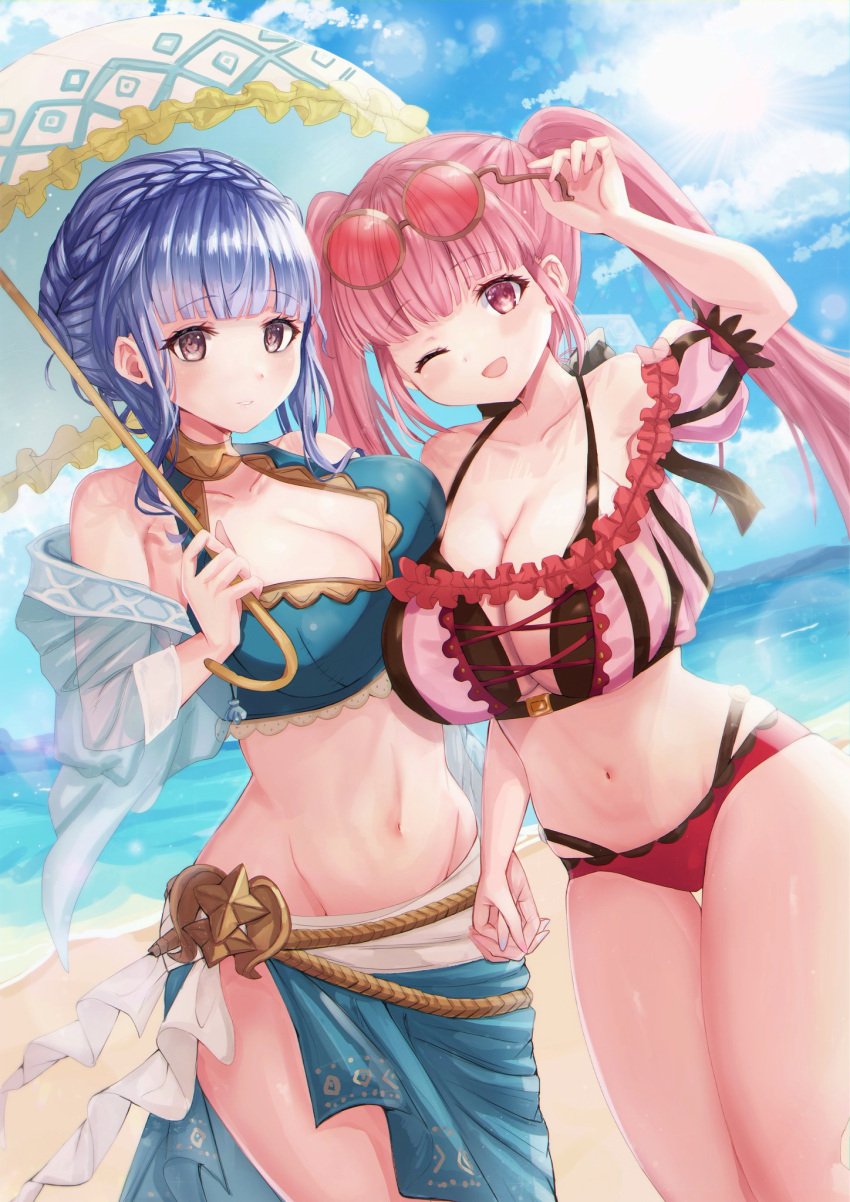 2girls :d ;d alternate_costume bangs bare_legs bare_thighs beach bikini blue_bikini blue_hair blue_swimsuit braid breasts brown_eyes cleavage eyewear_on_head female_only fire_emblem fire_emblem:_three_houses fire_emblem_heroes grin hilda_valentine_goneril hilda_valentine_goneril_(summer) holding_hands large_breasts long_hair looking_at_viewer marianne_von_edmund marianne_von_edmund_(summer) multiple_girls nintendo ocean official_alternate_costume one_eye_closed open_mouth parasol pink_bikini pink_eyes pink_hair pink_swimsuit sand sarong see-through short_hair smile sunglasses swimsuit thighs twintails umbrella wink yui_(msy1302mana) yuri