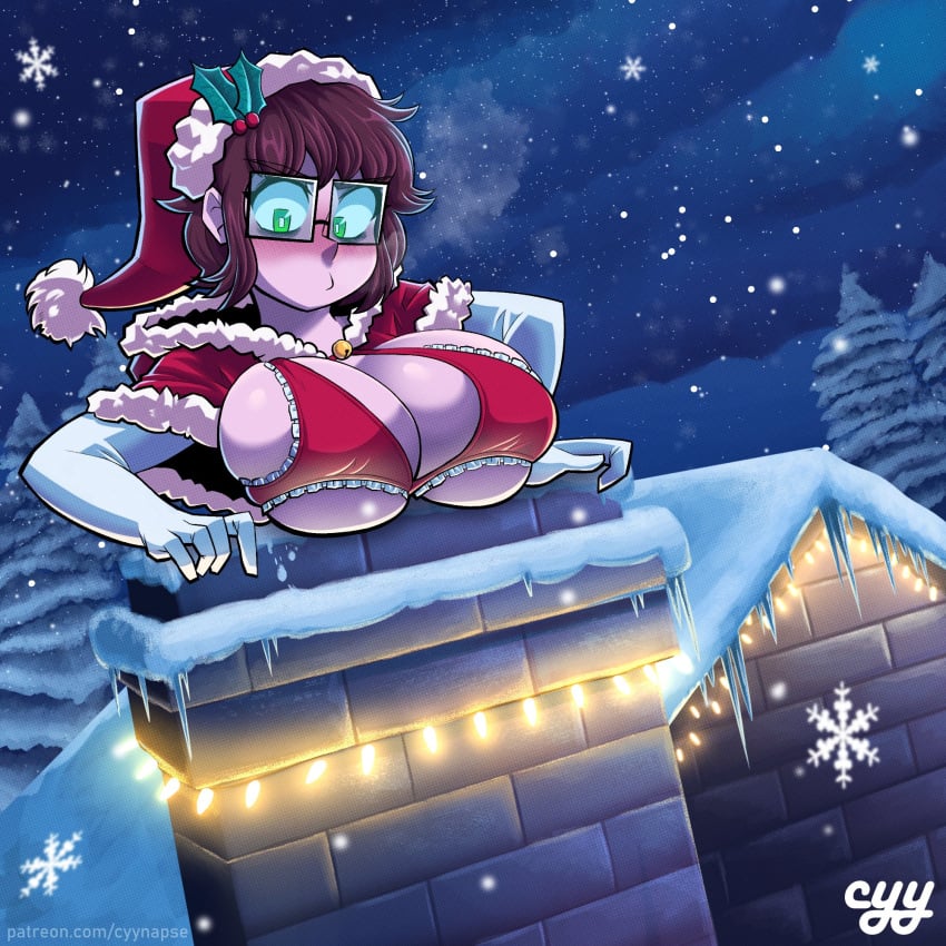 armwear bell big_breasts bikini blush brown_hair cape christmas christmas_bikini christmas_hat christmas_lights christmas_outfit chubby cyyfapse elbow_gloves ellie_(paladin) glasses gloves green_eyes hoodie house inconvenient_breasts night short_hair snow snowing square_pupils stuck stuck_in_chimney stuck_in_object tree