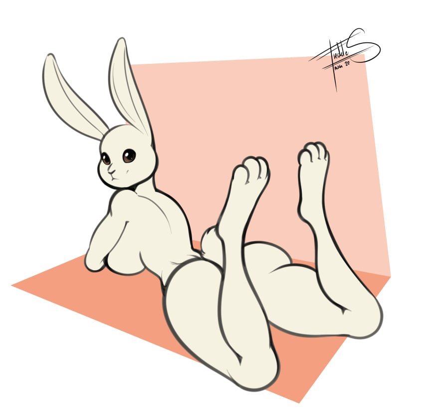 2020 anthro ass beastars breasts digital_media_(artwork) domestic_rabbit dwarf_rabbit female freckles_(artist) haru_(beastars) hi_res lagomorph leporid looking_at_viewer looking_back lying mammal on_front oryctolagus rabbit side_boob signature simple_background smile solo