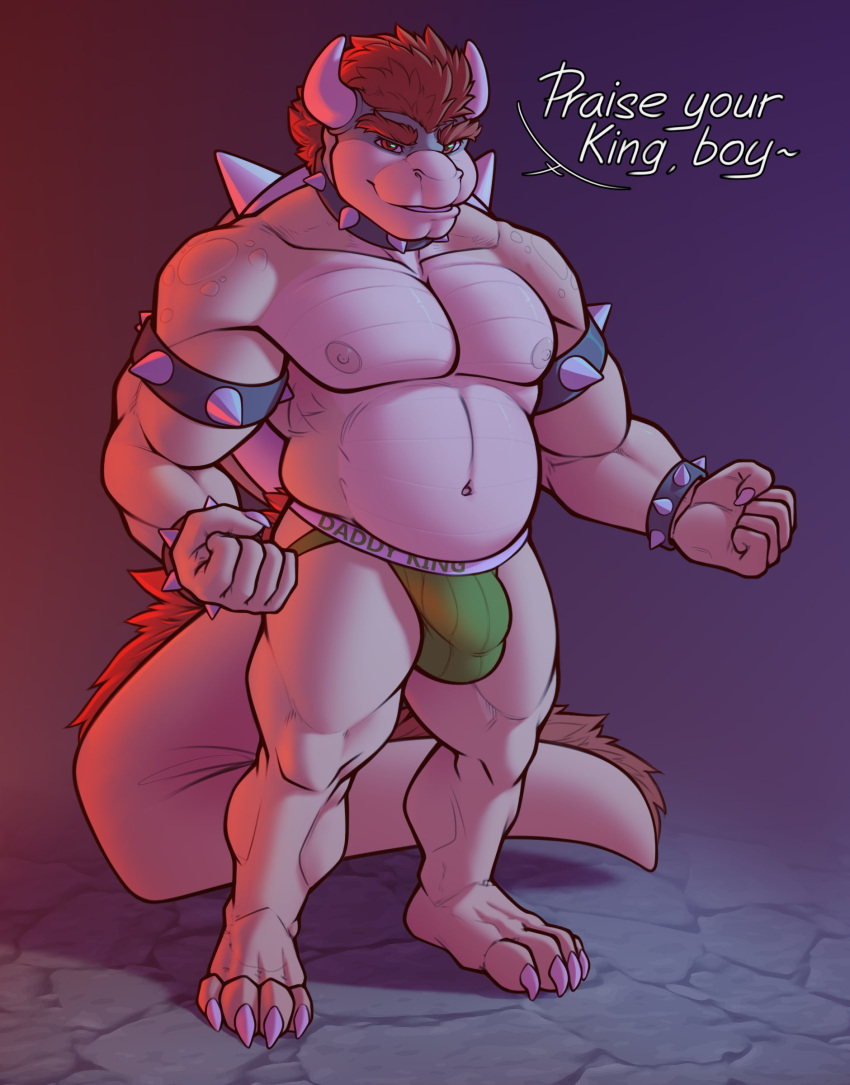 2021 absurd_res anthro armband bara belly big_muscles bowser bracelet bulge clothing collar dialogue english_text eyebrows fist hair hi_res horn jewelry jockstrap koopa looking_at_viewer male male_only mario_(series) musclegut muscular muscular_anthro muscular_male navel nintendo nipples non-mammal_nipples obliques oraderg pecs scalie shell simple_background smile solo spiked_armband spiked_bracelet spiked_collar spiked_shell spikes spikes_(anatomy) standing talking_to_viewer text underwear video_games