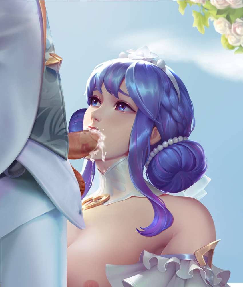 1boy 1girls blue_eyes blue_hair crystal_rose_jarvan_iv crystal_rose_series crystal_rose_sona cum cum_in_mouth cum_on_face female jarvan_lightshield_iv league_of_legends league_of_legends:_wild_rift licking_penis male sona_buvelle yellow_!_cat