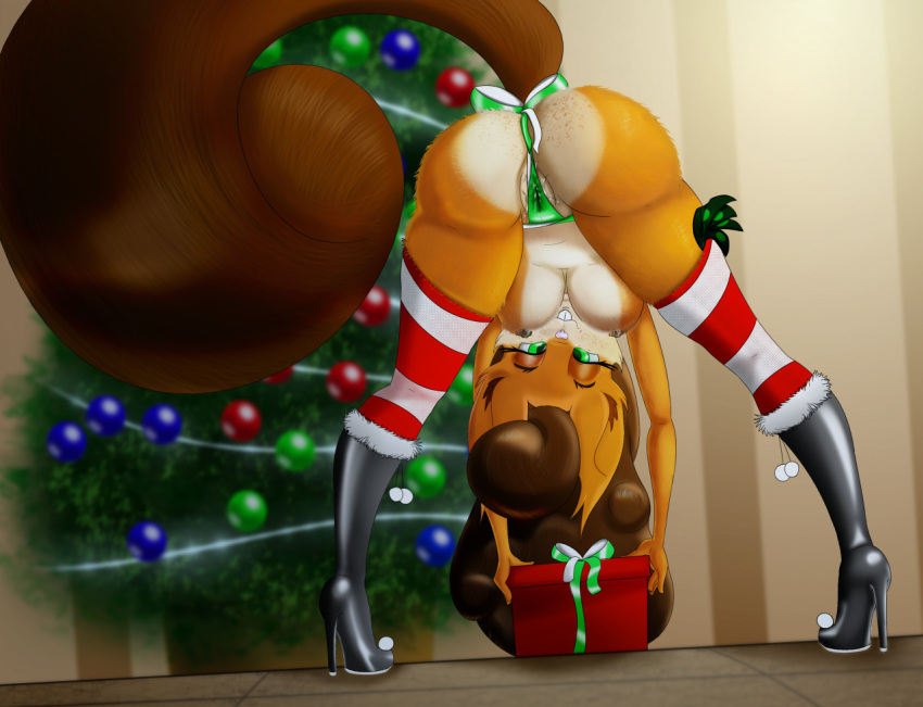 anthro ass bedroom_eyes bodily_fluids boots breasts christmas christmas_tree clothed clothing curled_hair curvy_figure decoration female footwear fur fuzzy genital_fluids genitals gift gift_wrapped hair heartick high_heels holidays mammal narrowed_eyes orange_body orange_fur plant presenting presenting_hindquarters presenting_pussy pussy ribbons rodent sciurid seductive snappi_(heartick) socks solo topless tree tree_squirrel under_boob voluptuous