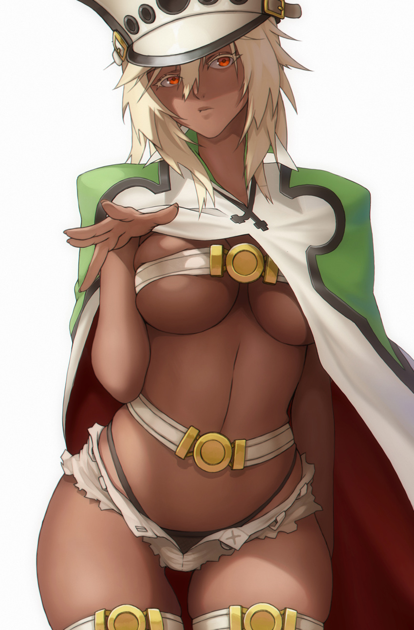 belt black_panties black_thong blonde_hair breasts cape guilty_gear hat hot_pants k19 looking_at_viewer panties ramlethal_valentine red_eyes short_shorts shorts skindentation standing tagme thighs thong unbuttoned unbuttoned_shorts underboob