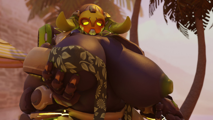 3d big_breasts big_nipples bikini blizzard_entertainment breasts_bigger_than_head disappointed floral_print hand_on_breast horn huge_breasts orisa overwatch robot snips456 snips456fur torn_clothes