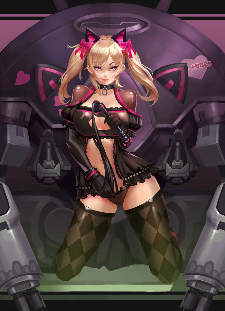 alternate_hair_color black_cat_d.va blcat4444 blizzard_entertainment blonde_hair bra choker covered_nipples d.va female gloves high_heels large_breasts lingerie navel overwatch panties thick_thighs thighs wide_hips