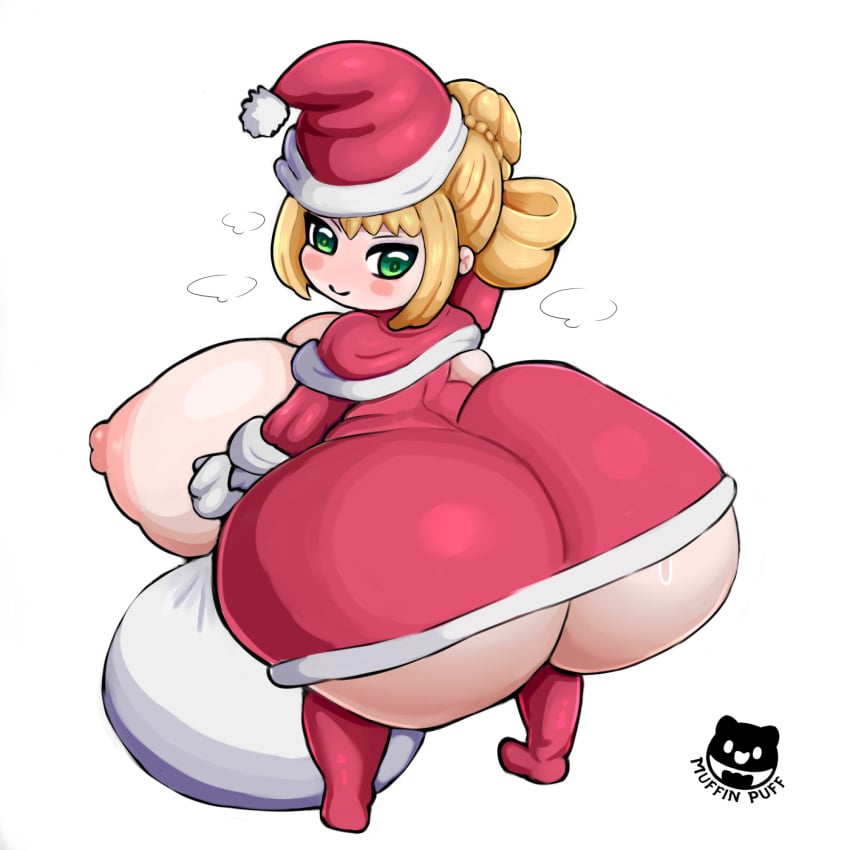 1girls areolae ass big_ass big_breasts blonde_hair breasts christmas fate/grand_order fate_(series) female green_eyes huge_ass huge_breasts nero_claudius_(fate) nipples padoru padoru_(meme) santa_hat sath15 shortstack smaller_female solo