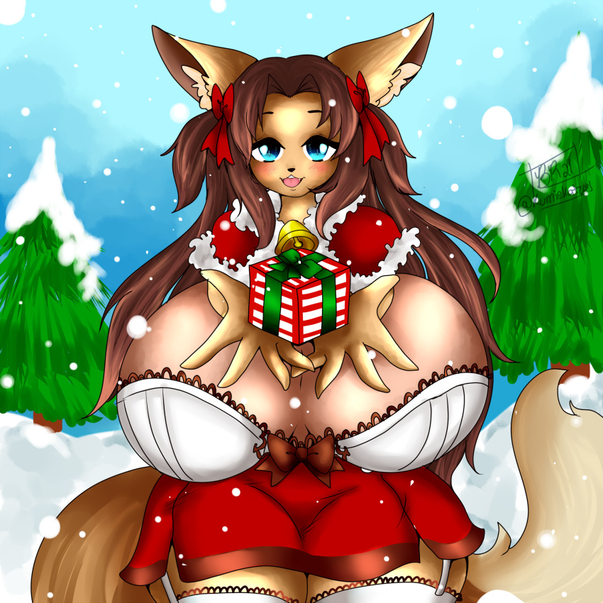 accessory anthro bell between_breasts big_breasts blue_eyes blush bow_(knot) breasts brown_hair christmas cleavage cleavage_overflow clothed clothing commission commissioner_upload costume cute_fang demonfoxtukuma eevee evergreen_tree female fully_clothed furry garter_straps gift hair hair_accessory hair_ribbon hairbow hands_between_breasts hi_res holding_gift holding_object holidays huge_breasts humanoid_hands inner_ear_fluff legwear long_hair looking_at_viewer naomi_minette nintendo offering_gift open_mouth original original_character outside pine_tree plant pokémon_(species) pokemon portrait reaching_towards_viewer red_clothing ribbons santa_costume shiny shiny_body shiny_breasts shiny_hair shiny_skin signature sky smaller_version_at_source smile snow solo standing thick_thighs thighhighs three-quarter_portrait tight_clothing tree tuft two_side_up video_games white_clothing white_legwear zettai_ryouiki