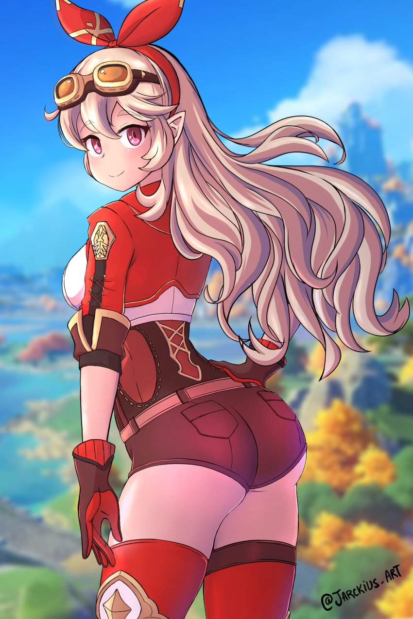 1girls alternate_costume amber_(genshin_impact)_(cosplay) ass back_view bare_thighs big_ass blonde_hair breasts corrin_(fire_emblem) corrin_(fire_emblem)_(female) cosplay crossover female_only fire_emblem fire_emblem_fates genshin_impact jarckius long_hair looking_at_viewer looking_back medium_breasts nintendo pink_eyes pointy_ears smile solo thighhighs thighs