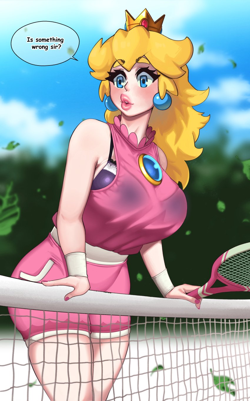 1girls absurd_res big_breasts blonde_hair bra breasts crown curvy earrings female front_view high_resolution huge_breasts human mario_(series) mario_tennis moshimashi nintendo pink_shorts princess_peach shorts tennis_uniform thick_lips thick_thighs very_high_resolution wide_hips