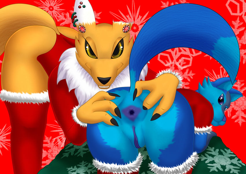 absurd_res anthro anus ass bandai_namco canid canine canis christmas clothing digimon digimon_(species) duo female female/female footwear fox genitals hi_res holidays legwear mammal mike_santos pussy simple_background socks stretched_anus thigh_clothing thigh_highs thigh_socks wolf