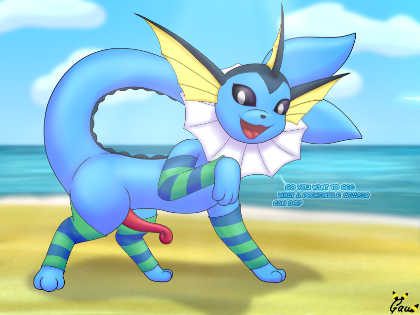 4:3 absurd_res animal_genitalia animal_penis azure_(vaporeon) beach blue_body cetacean_penis clothing detailed_background eeveelution erection everstone_guild feral gau_(artist) genitals hi_res leg_warmers leg_warmers_only legwear looking_at_viewer male male_only male_vaporeon mammal nintendo open_mouth penis pink_penis pokémon_(species) pokémon_mystery_dungeon pokemon prehensile_penis presenting seaside solo tapering_penis text tongue vaporeon video_games