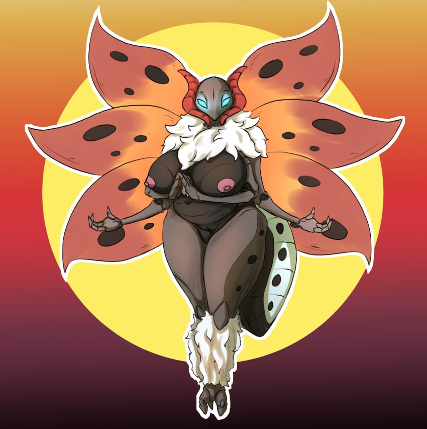 absurd_res anthro arthropod blue_eyes breasts brown_body claws female fur genitals hi_res insects mature_female multi_arm multi_limb multi_wing nintendo nipples pokémon_(species) pokemon pussy simple_background solo tolerain_(artist) video_games volcarona white_body white_fur wings