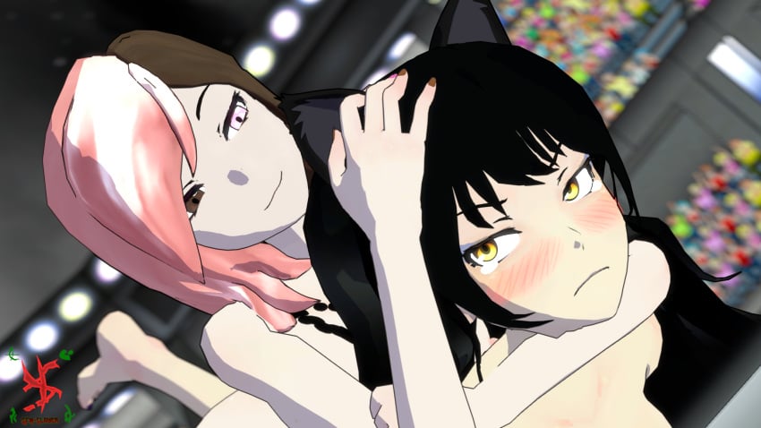 16:9 3d audience black_hair blake_belladonna breasts crowd faunus feet female futanari headlock heterochromia human long_hair multicolored_hair multiple_girls neo_(rwby) nipples nude public rape rwby sex sfmslayer smug source_filmmaker stadium