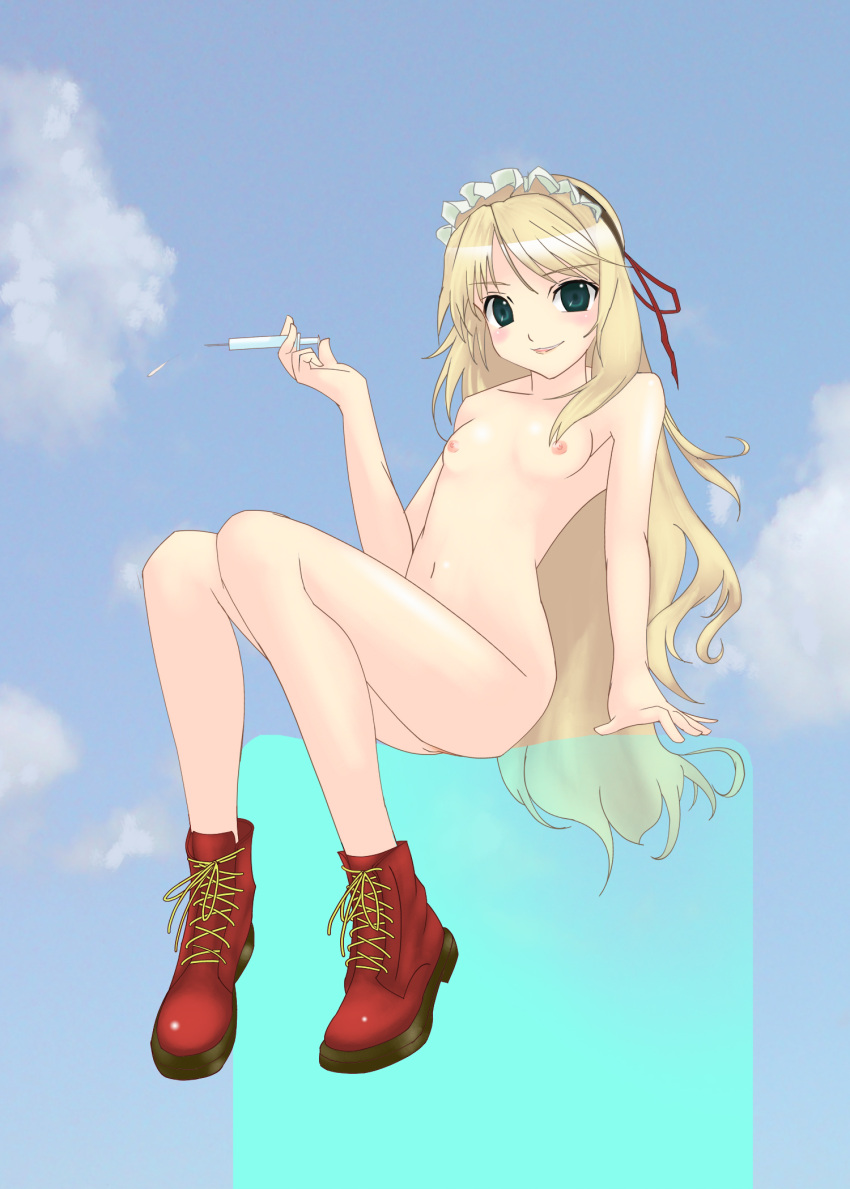 baldr_(series) baldr_sky blonde_hair boots female green_eyes hoshino_koe long_hair maid_headdress noi_(baldr_sky) shoes shoes_only sitting small_breasts solo syringe very_long_hair