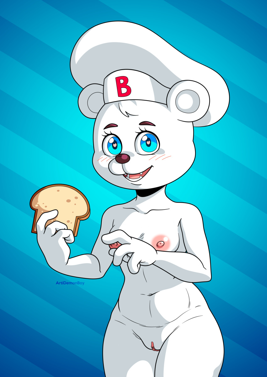 1girls 2d 2d_(artwork) 2d_artwork 4_fingers anthro anthro_female anthro_only areola areolae artidemonboy artist_name background bear bimbo_(bakery) bimbo_bear blue_eyes blush blush_lines blushed bread chef_hat digital_media_(artwork) ears eyelashes female female_only flush flushed fur furry furry_female furry_only grupo_bimbo hear heart-shaped_pupils hearts hi_res high_resolution highres hips mascots naked naked_female nipples nudity open_mouth pink_areola pink_areolae pink_nipples pussy simple_background teeth tongue vagina white_body white_ears white_fur