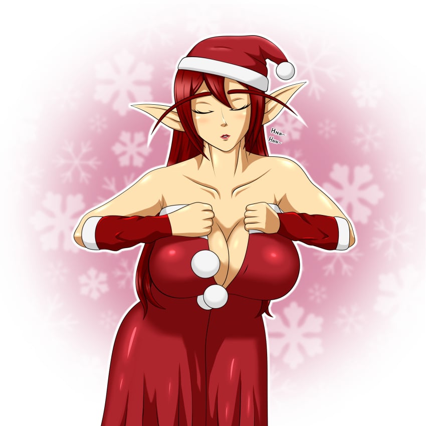 big_breasts christmas christmas_outfit elf elf_ears elf_female huge_breasts kissing lips original_character pointy_ears red_eyes red_hair unbuttoned unbuttoned_shirt zebas71