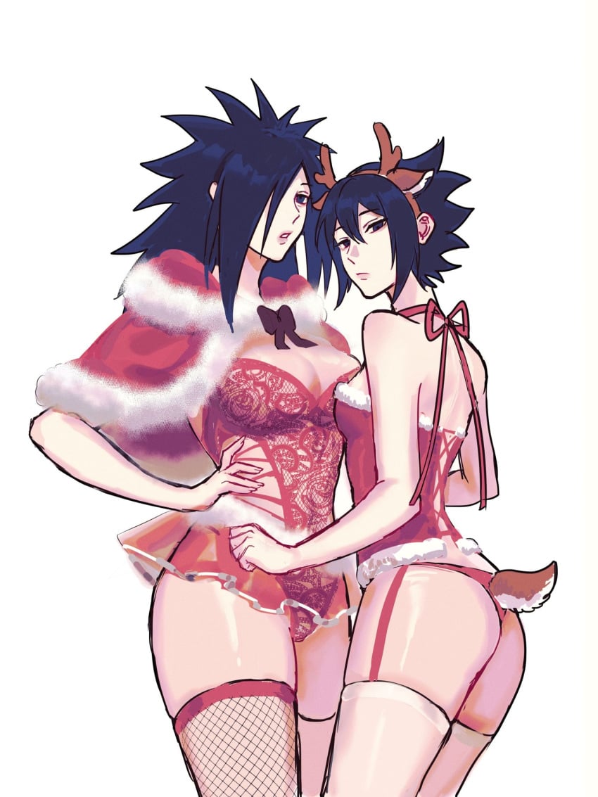 2girls ass ass_focus bare_arms bare_shoulders black_eyes blue_hair bustier christmas duo duo_focus fake_animal_ears fake_antlers fake_tail female fishnets garter_straps hair_over_one_eye hairband hand_on_hip holidays kooiko legwear lingerie lips lipstick long_hair looking_at_viewer medium_hair naruto naruto_(series) naruto_shippuden open_mouth pale-skinned_male pale_skin panties petite pink_lips pink_lipstick pose posing red_panties reindeer reindeer_antlers rule_63 sasuke_uchiha sasuko shounen_jump spiky_hair standing stockings tail thighhighs uchiha_madara underwear voluptuous white_background wide_hips