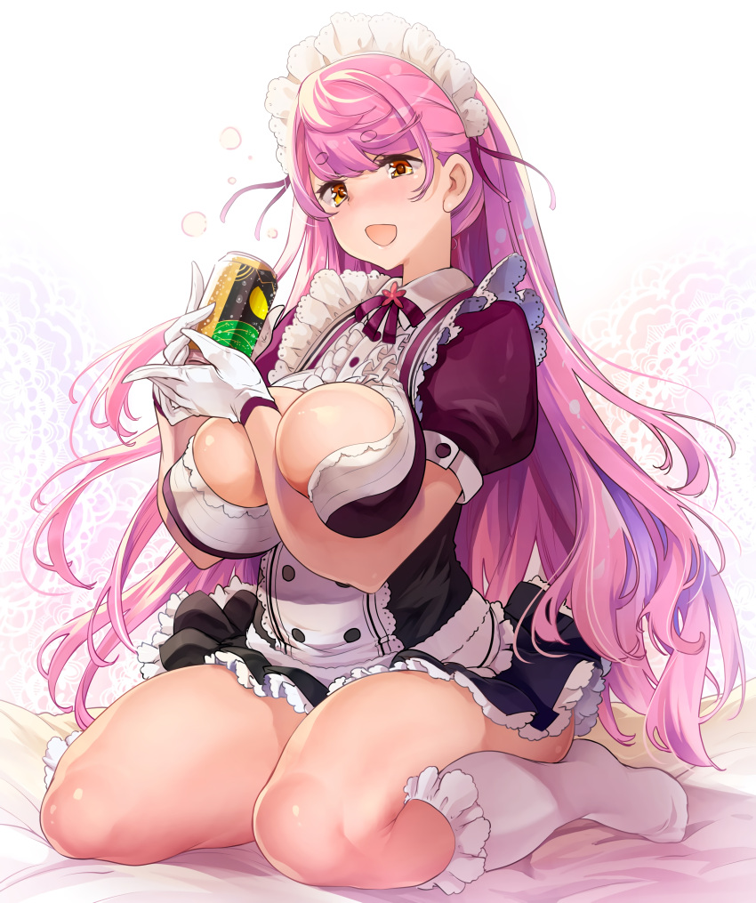 1girls absurd_res aizono_manami between_breasts blush breasts can eyebrows_visible_through_hair female gloves heart heart-shaped_pupils hi_res kneehighs large_breasts long_hair looking_at_viewer maid maid_headdress nijisanji open-mouth_smile open_mouth pink_hair sitting smile solo symbol-shaped_pupils thick_thighs thighs thomasz very_long_hair virtual_youtuber white_gloves white_legwear yellow_eyes