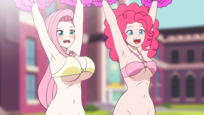 2girls absurd_res animated armpits arms_up bare_shoulders belly belly_button big_breasts bikini_top bikini_top_only blue_eyes bottomless bouncing bouncing_breasts breast_size_difference breasts cheering cheerleader duo embarrassed equestria_girls eyebrows eyelashes fantasyblade female female_only females_only fluttershy_(eg) fluttershy_(mlp) friendship_is_magic gif green_eyes hasbro huge_breasts human human_only humanoid jumping large_breasts light-skinned_female light_skin long_hair medium_breasts multiple_girls my_little_pony navel nervous open_mouth outdoors pale_skin pink_hair pinkie_pie_(eg) pinkie_pie_(mlp) pom_poms raised_arms smile smiling stomach straight_hair teal_eyes teeth tongue underboob waving