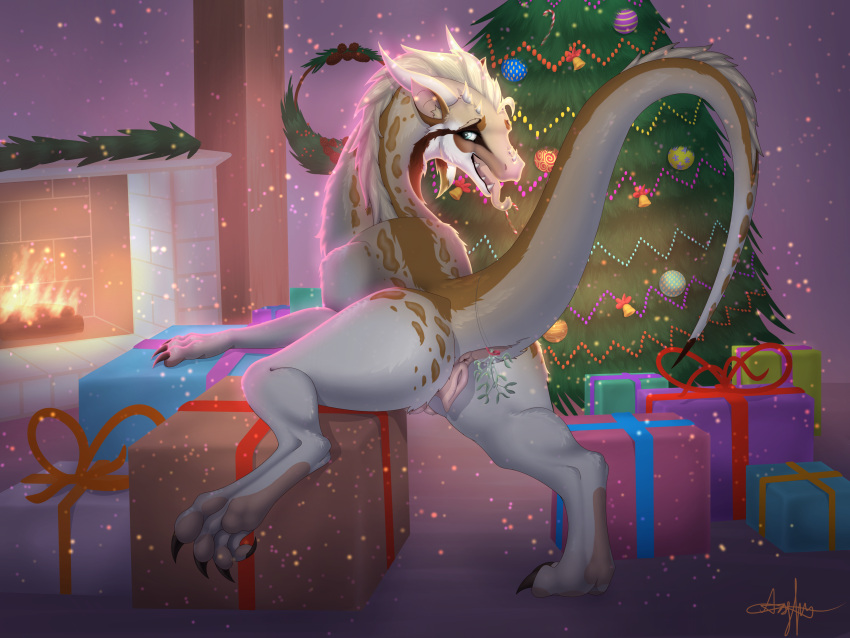 4:3 absurd_res adrim anus ass bedroom_eyes christmas christmas_present christmas_tree decoration felkin female feral genitals hi_res holidays horn mistletoe narrowed_eyes plant presenting presenting_anus presenting_hindquarters presenting_pussy pussy raised_leg raised_tail scalie seductive solo tongue tongue_out tree ych_result