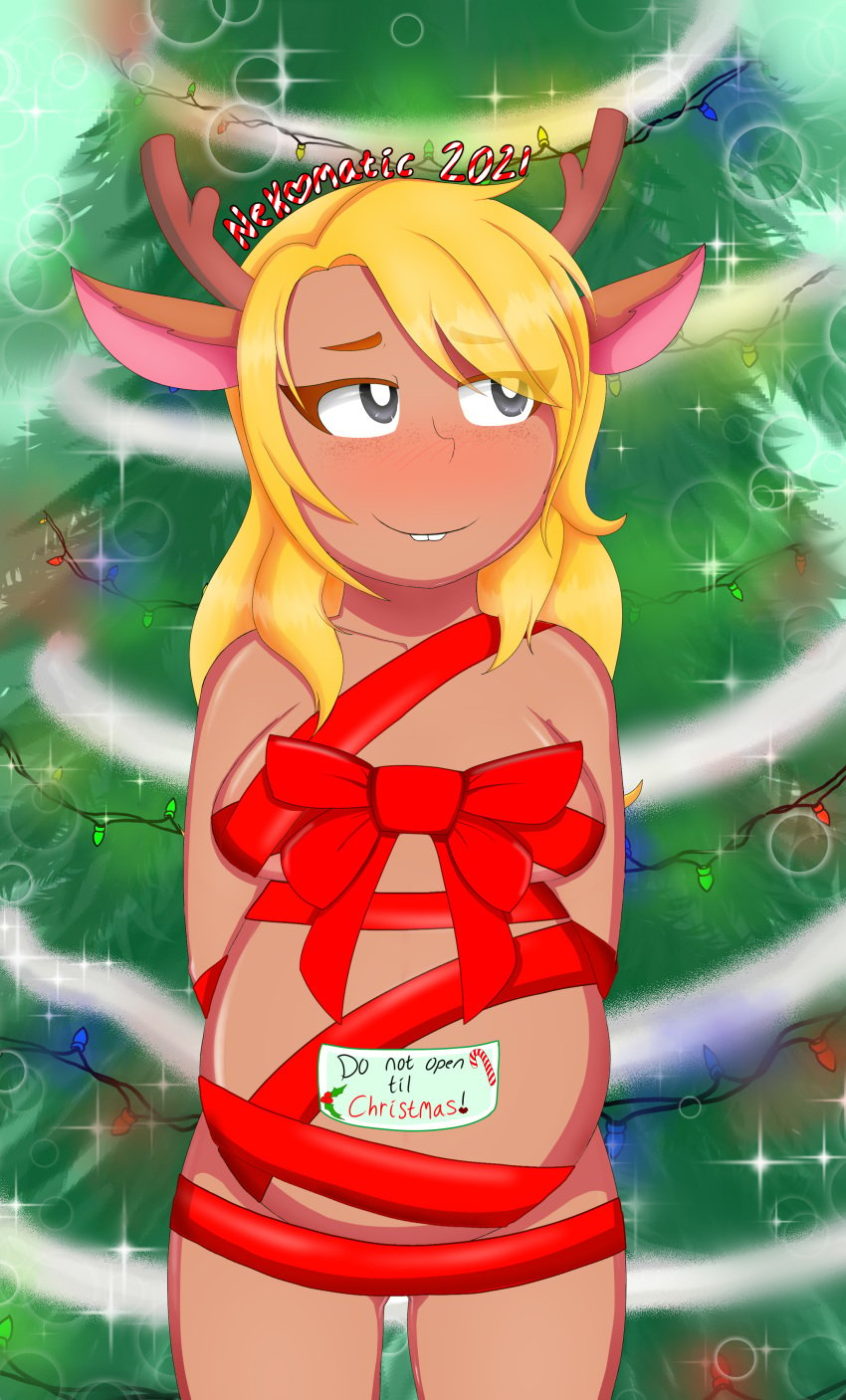 1girls 2d animal_ears anthro anthro_female anthro_only antlers big_belly bloated_belly blonde_hair blush brown_fur christmas christmas_tree deer_ears deer_girl deltarune deltarune_chapter_2 female female_focus female_only freckles furry furry_female furry_only grey_eyes humanoid humanoid_female humanoid_only kemonomimi long_hair mammal mammal_humanoid monster_girl nekomatic noelle_holiday pregnant ready_to_pop reindeer shy sign solo undertale_(series) wrapped wraps