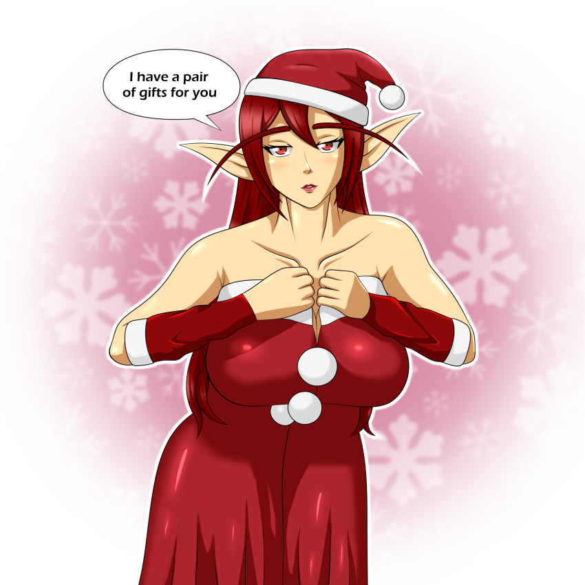 big_breasts christmas christmas_outfit elf elf_ears elf_female huge_breasts kissing lips original_character pointy_ears red_eyes red_hair zebas71