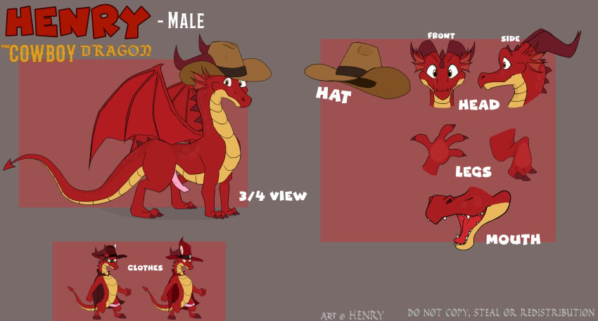 absurd_res anthro clothing cowboy cowboy_hat dragon erection feral genitals hat headgear headwear henry_(henrycharizardboi) henrycharizardboi hi_res lizard magic_user male mask model_sheet open_mouth penis red_body reference_image reptile scalie solo western_dragon yellow_eyes