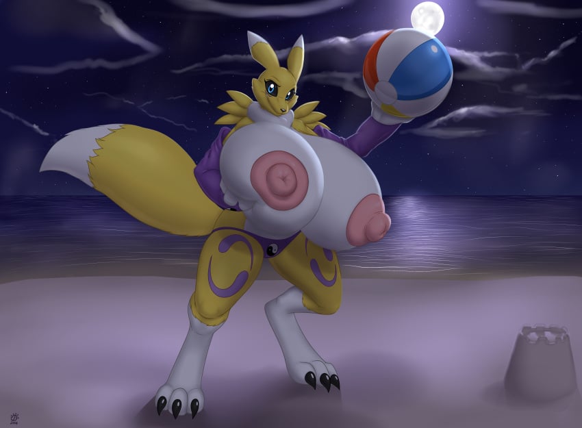 2016 absurd_res anthro areola armwear badgerben ball bandai_namco beach beach_ball big_breasts black_sclera blue_eyes breasts bridal_gauntlets canid canine clothed clothing detailed_background digimon digimon_(species) erect_nipples female fur hi_res holding_ball holding_breast holding_object huge_breasts hyper hyper_breasts inflatable looking_at_viewer mammal night nipples outside panties pool_toy renamon sand seaside sky smile solo topless underwear water yellow_body yellow_fur