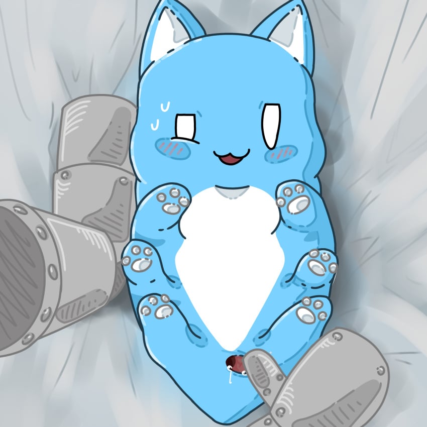 ambiguous_gender anus anus_juice anus_peek armor bed blue_body blue_fur blue_hair blue_skin blush bug bugcat_(capoo) cat feline gauntlets half-closed_eyes inside_view lass_(artist) open_anus open_mouth pawpads paws tagme upside-down white_pawpads