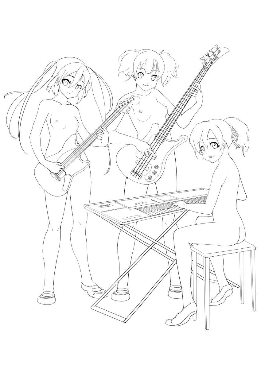 3girls ass azusa_nakano_(k-on!) guitar hoshino_koe jun_suzuki_(k-on!) k-on! keyboard line_art medium_breasts monochrome nude pigtails ponytail shoes_only sitting small_breasts twintails ui_hirasawa_(k-on!)