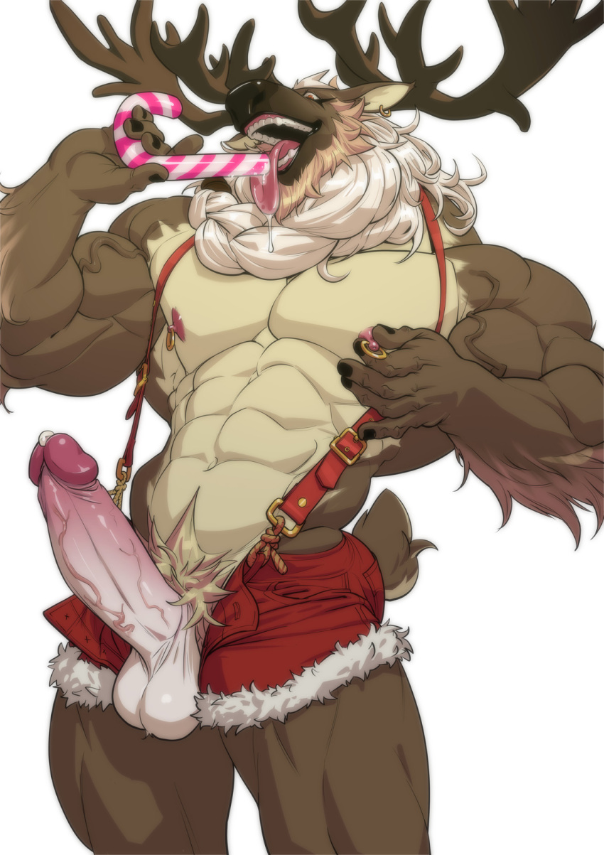 2021 abs anthro antlers balls bara big_penis biped bodily_fluids braided_hair brown_body brown_fur candy candy_cane candy_cane_in_mouth capreoline cervid dessert digital_media_(artwork) ear_piercing ear_ring erection food fur genital_fluids genitals hair hi_res horn humanoid_genitalia humanoid_penis looking_at_viewer male male_only mammal multicolored_body multicolored_fur muscular muscular_anthro muscular_male neck_tuft nesskain nipple_fetish nipple_piercing nipple_pinch nipple_play nipple_ring nipples open_mouth open_smile pecs penis piercing pinch precum pubes reindeer saliva simple_background smile solo suspenders tan_body tan_fur tongue tongue_out tuft vein veiny_penis white_background white_balls white_hair