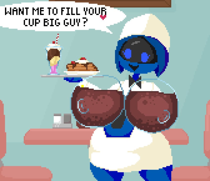 2021 2d 2d_animation animated beverage big_breasts blue_body blue_eyes blue_skin bowtie breasts clothing diner female female_focus female_only food gif hand_on_hip headgear headwear heart holding_object ice_cream indoors looking_at_viewer lsst mostly_clothed nipples original original_character pancake pixel_animation pixel_art refreshment_(lsst) robot robot_girl robot_humanoid simple_background smile smiling soda solo solo_female solo_focus speech_bubble spinneborg talking_to_viewer text transparent_breasts uniform waitress wide_hips wink winking_at_viewer