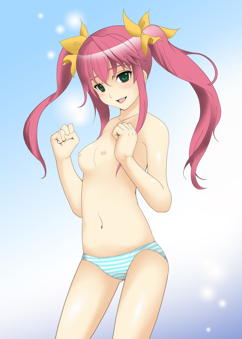 blush chinese_girl female green_eyes hoshino_koe huang_lingyin infinite_stratos medium_breasts open_mouth panties_only pink_hair solo striped_panties topless twintails