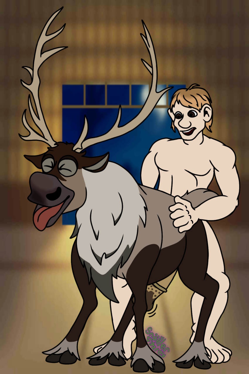 antlers blonde_hair capreoline cervid disney duo feral frozen_(film) gay hair hand_on_butt hi_res hooves horn human interspecies kristoff_(frozen) male male/male male_only mammal penis reindeer snoiller_fitzroy_(artist) sven_(frozen) tongue tongue_out