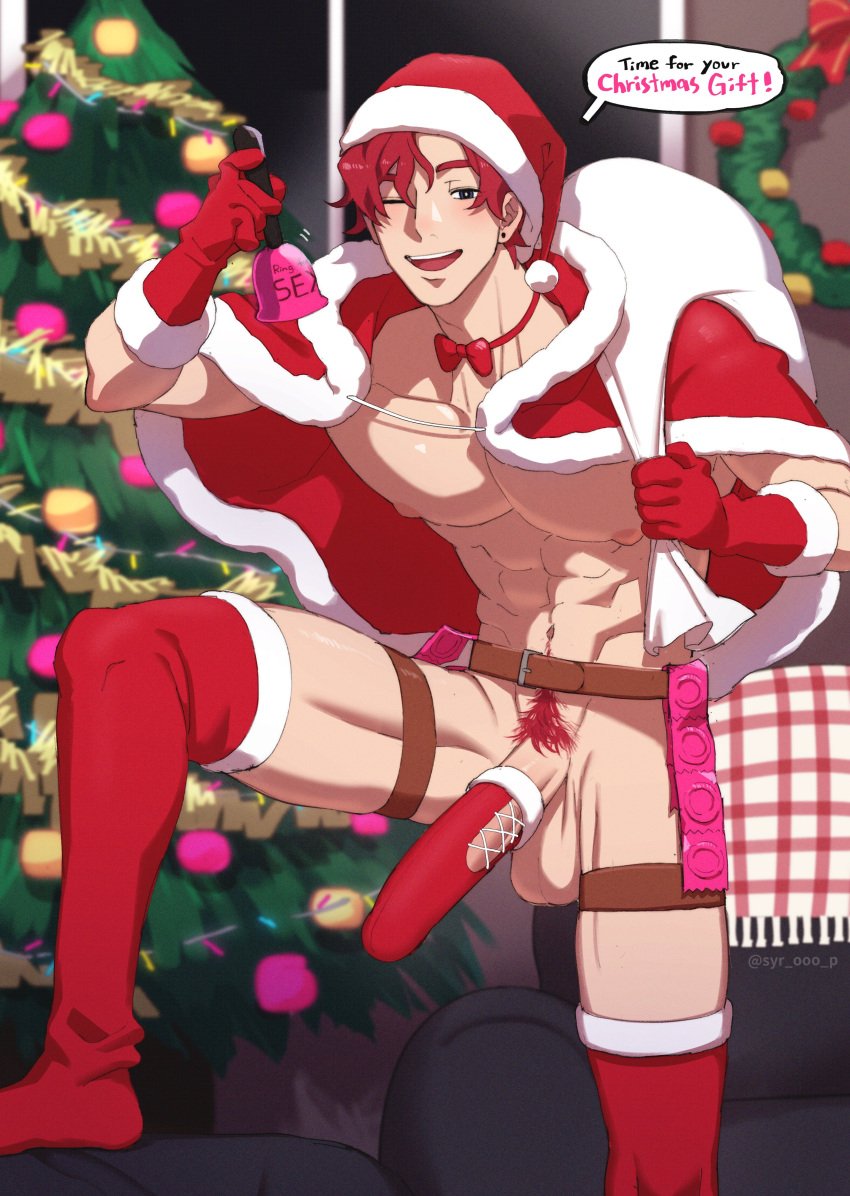 1boy abs balls bara big_chest big_penis christmas coller_(syrop) condoms muscular outfit penis syrop