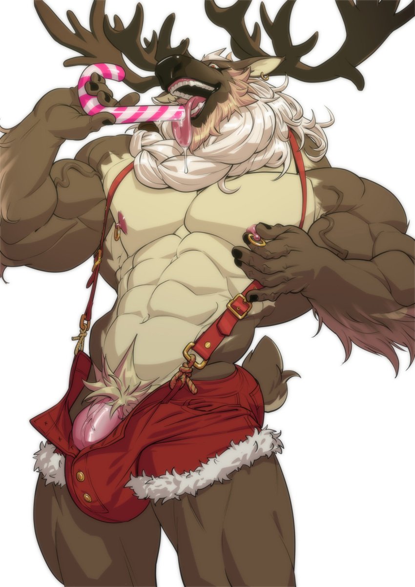 1boy 2021 abs anthro antlers bara big_bulge biped body_fur braided_hair brown_body brown_fur bulge candy candy_cane candy_cane_in_mouth capreoline cervid dessert dick_root digital_media_(artwork) ear_piercing ear_ring fluffy_tail food genitals hi_res licking long_hair_male looking_at_viewer male male_nipples male_only male_pubic_hair mammal masculine mature_male multicolored_body multicolored_fur muscles muscular_anthro muscular_male neck_tuft nesskain nipple_fetish nipple_piercing nipple_pinch nipple_play nipple_ring nipple_rings open_mouth open_pants open_smile pecs penis piercing pinch pubes reindeer saliva semi-erect simple_background smile solo suspenders tan_body tan_fur tongue tongue_out tuft vein veiny_biceps veiny_penis white_background white_hair