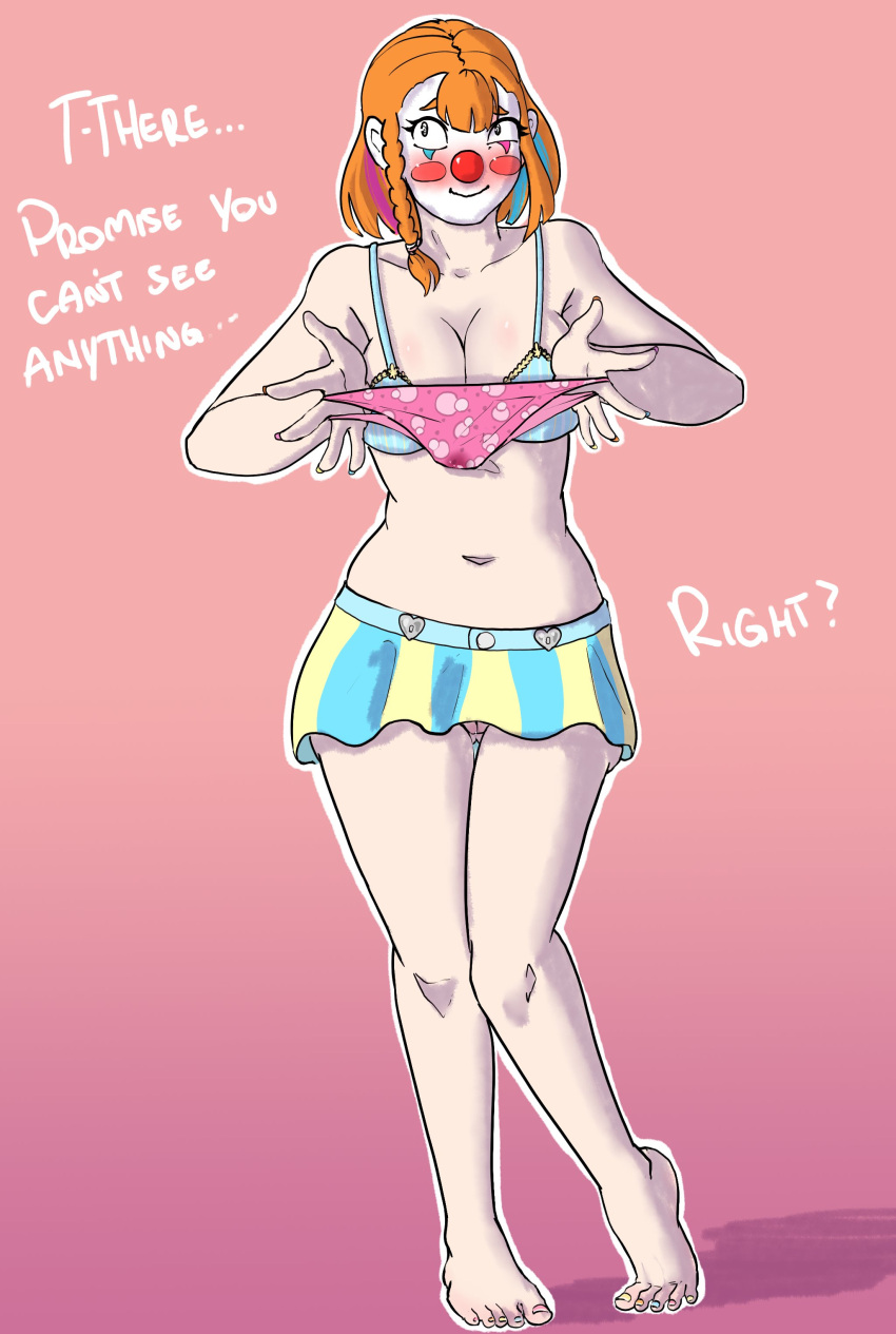 clown clown_girl clown_makeup clown_nose embarrassed humiliation khloanna_(lemonade_ghost) lemonade_ghost original_character panties_removed solo_female stripping underwear